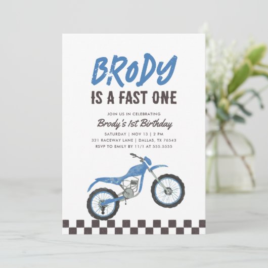 ファーストワンブルーダートバイクボーイ1歳の誕生日 招待状 (スタンド正面)
