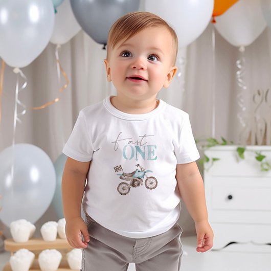 ファーストワンブルーダートバイク誕生日Tシャツ ベビーボディスーツ
