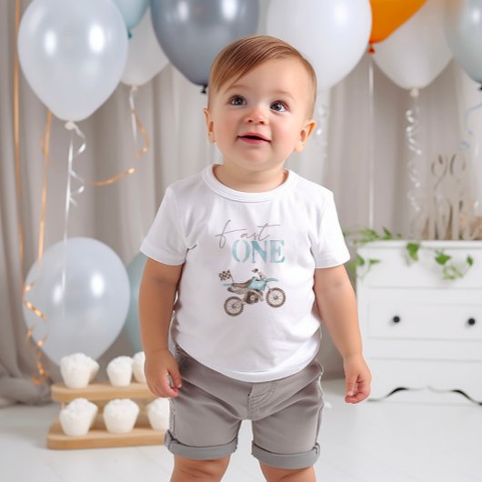 ファーストワンブルーダートバイク誕生日Tシャツ ベビーTシャツ