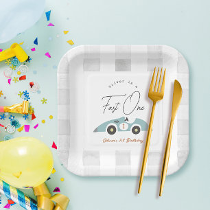 ファーストワンブルーレースカーボーイ1歳の誕生日 ペーパープレート