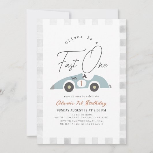 ファーストワンブルーレースカーボーイ1歳の誕生日 招待状 (正面)