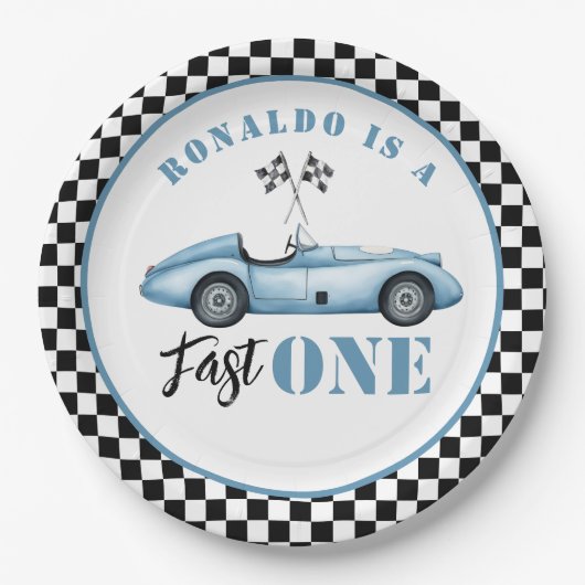 ファーストワンブルーレースカーボーイ1st誕生日 ペーパープレート (正面)