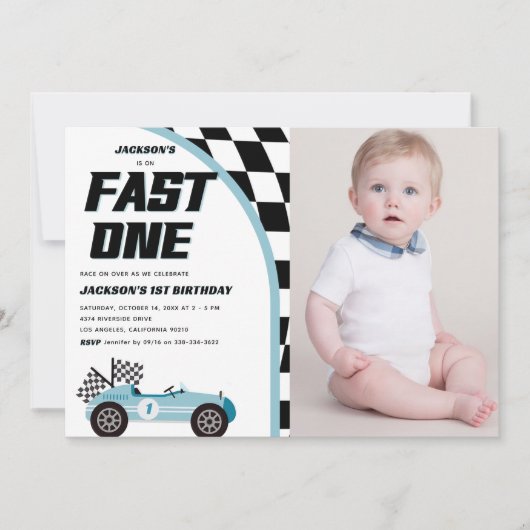 ファーストワンブルーレースカー誕生日パーティーの写真 招待状 (正面)