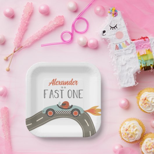 ファーストワンブルーレースカー誕生日 ペーパープレート (パーティー)