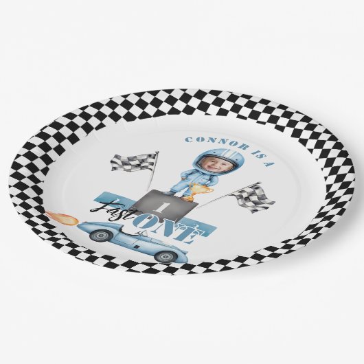 ファーストワンブルーレースカー1stフォト誕生日 ペーパープレート (アングル)