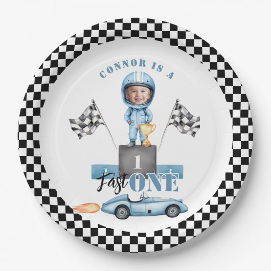 ファーストワンブルーレースカー1stフォト誕生日 ペーパープレート (正面)