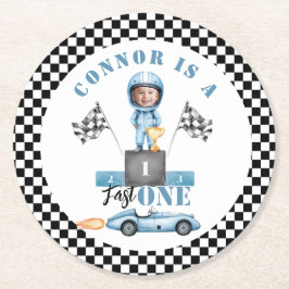ファーストワンブルーレースカー1stフォト誕生日 ラウンドペーパーコースター