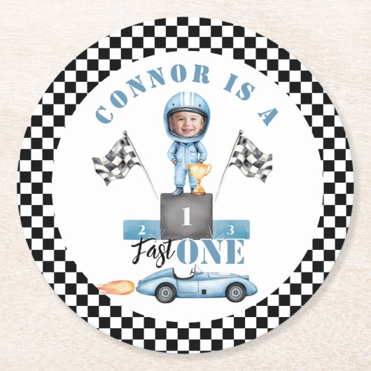 ファーストワンブルーレースカー1stフォト誕生日 ラウンドペーパーコースター (正面)
