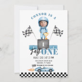 ファーストワンブルーレースカー1stフォト誕生日 招待状 (正面)