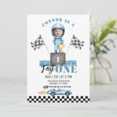 ファーストワンブルーレースカー1stフォト誕生日 招待状 (スタンド正面)