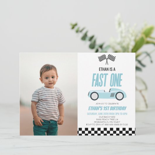 ファーストワンブルーレースカー1st誕生日パーティー 招待状 (スタンド正面)