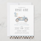 ファーストワンブルーレースカー&バルーン1st誕生日 招待状 (正面)