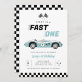 ファーストワンブルーヴィンテージレースカーボーイ第1誕生日 招待状 (正面/裏面)