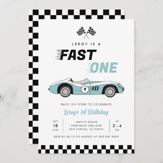 ファーストワンブルーヴィンテージレースカーボーイ第1誕生日 招待状 (正面/裏面)