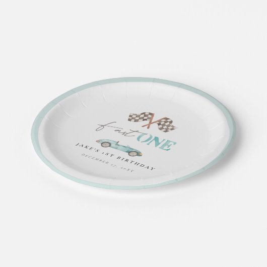 ファーストワンベビーブルーレトロレースカー紙プレート ペーパープレート (アングル)