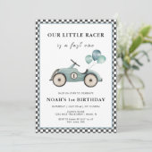 ファーストワンボーイズ ヴィンテージ レーシング カー 1歳 誕生日 招待状 (スタンド正面)