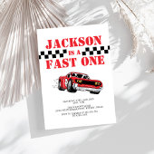 ファーストワンモダンレッドレースカーボーイ1歳の誕生日 招待状