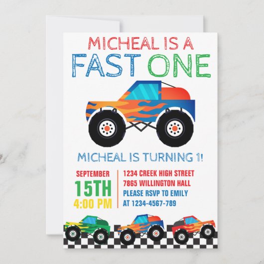 ファーストワンモンスタートラックファースト誕生日 招待状 (正面)