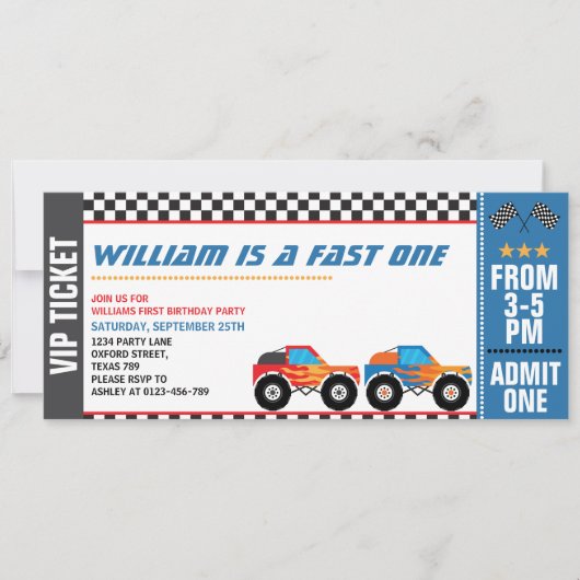 ファーストワンモンスタートラックレースチケットファースト誕生日 招待状 (正面)