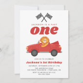 ファーストワンライオンレッドレースカーボーイ1歳の誕生日 招待状 (正面)