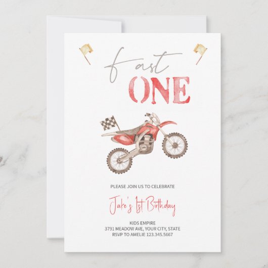 ファーストワンレッドダートバイク誕生日招待状 招待状 (正面)