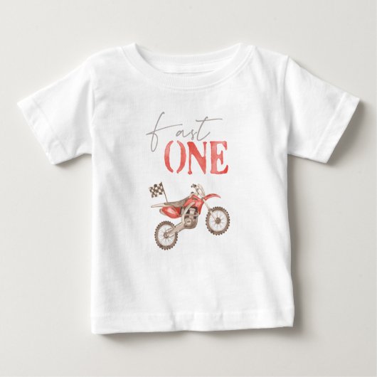 ファーストワンレッドダートバイク誕生日Tシャツベビー ベビーTシャツ (正面)