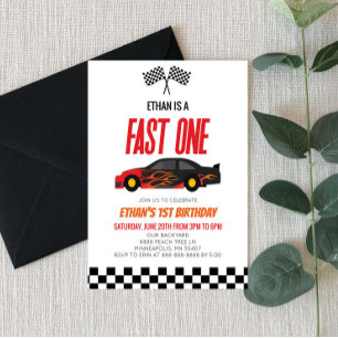 ファーストワンレッドフレームレースカー1st誕生日パーティー 招待状