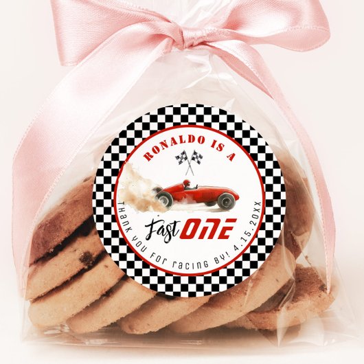 ファーストワンレッドレースカーボーイ誕生日ありがとう ラウンドシール