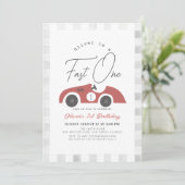 ファーストワンレッドレースカーボーイ1歳の誕生日 招待状 (スタンド正面)