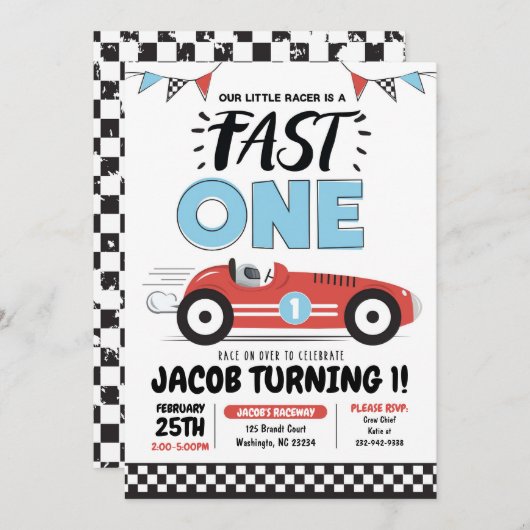 ファーストワンレッドレースカーボーイ1st誕生日パーティー招待 招待状 (正面/裏面)