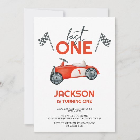 ファーストワンレッドレースカーボーイ1st誕生日パーティー 招待状 (正面)