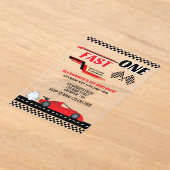 ファーストワンレッドレースカー子供の誕生日 アクリル招待状 (レイダウン)