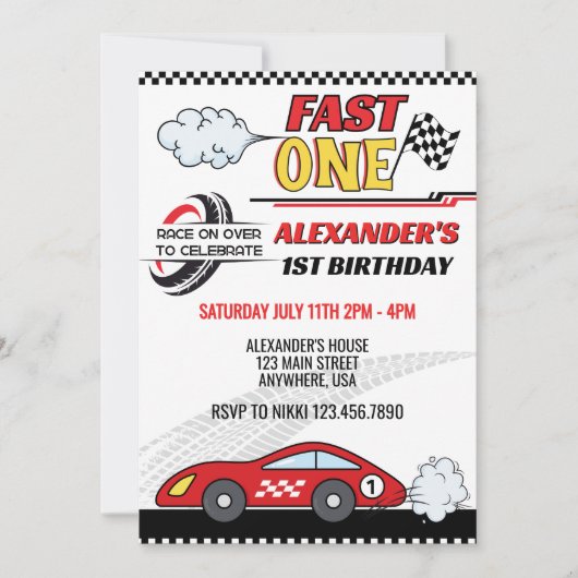 ファーストワンレッドレースカー子供の誕生日 招待状 (正面)