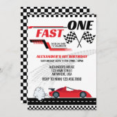 ファーストワンレッドレースカー子供の誕生日 招待状 (正面/裏面)