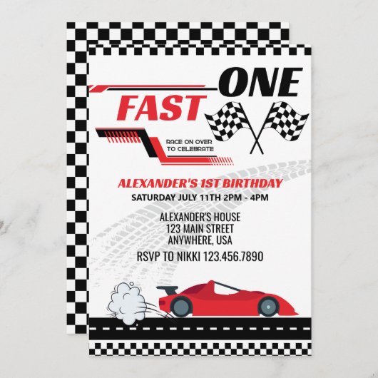 ファーストワンレッドレースカー子供の誕生日 招待状 (正面/裏面)