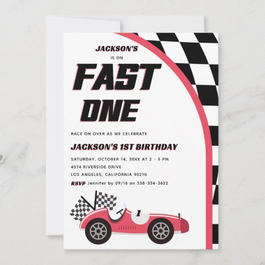 ファーストワンレッドレースカー誕生日パーティー 招待状 (正面)