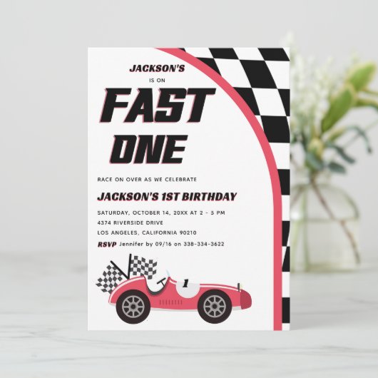 ファーストワンレッドレースカー誕生日パーティー 招待状 (スタンド正面)