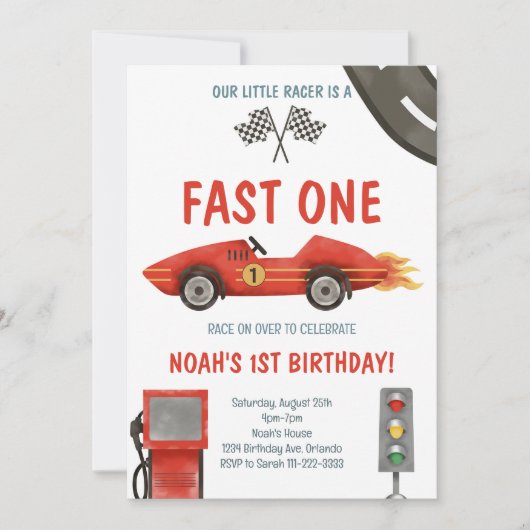 ファーストワンレッドレースカー1st誕生日招待状 招待状 (正面)