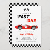 ファーストワンレッドヴィンテージレースカーボーイ1歳の誕生日 招待状 (正面/裏面)