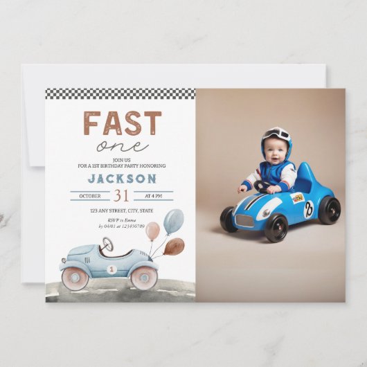 ファーストワンレーシングカーブルーボーイファーストフォト誕生日 招待状 (正面)
