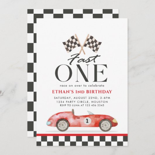 ファーストワンレーシングレッドカーファースト誕生日 招待状 (正面/裏面)