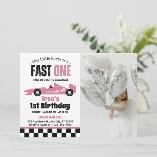 ファーストワンレースカーガール1st誕生日パーティー写真 招待状 (スタンド正面)