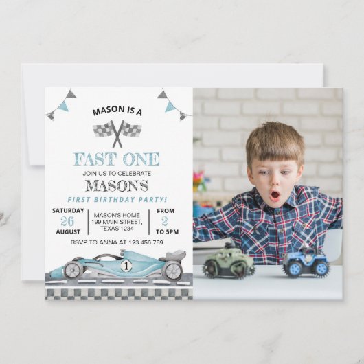 ファーストワンレースカーフォト誕生日招待状 招待状 (正面)
