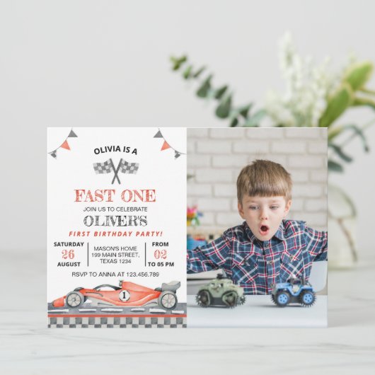 ファーストワンレースカーフォト誕生日招待状 招待状 (スタンド正面)