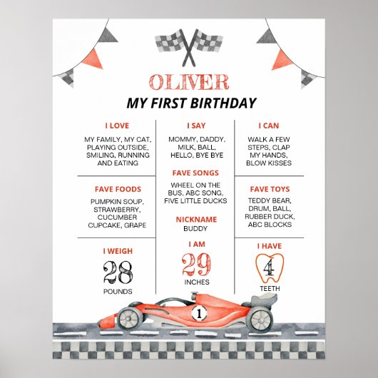 ファーストワンレースカー誕生日パーティマイルストーンポスター ポスター (正面)