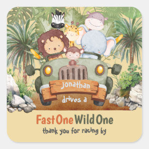 ファーストワンワイルドワンサファリ動物の車1日の誕生日 スクエアシール