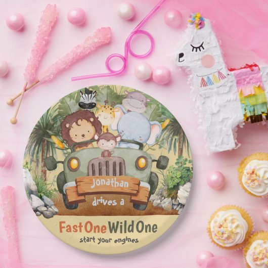 ファーストワンワイルドワンサファリ動物の車1日の誕生日 ペーパープレート (パーティー)