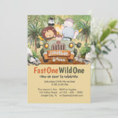 ファーストワンワイルドワンサファリ動物の車1日の誕生日 招待状 (スタンド正面)