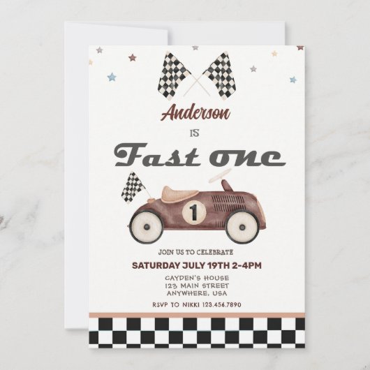 ファーストワンヴィンテージかわいい車の誕生日招待状 招待状 (正面)