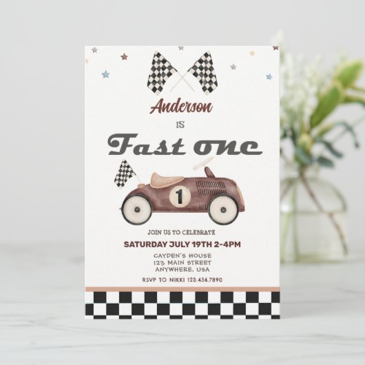 ファーストワンヴィンテージかわいい車の誕生日招待状 招待状 (スタンド正面)